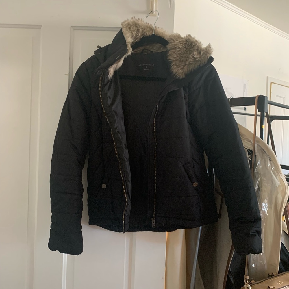 Aeropostale Black Puffer Jacket with Light Fur Trim Hood